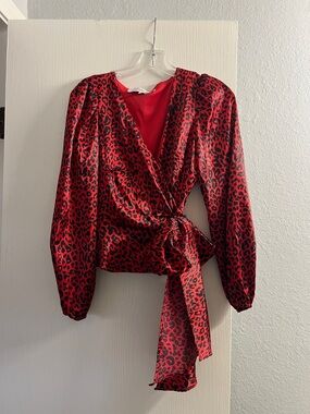 Lily White Red and Black Leopard Wrap Blouse with Side Tie